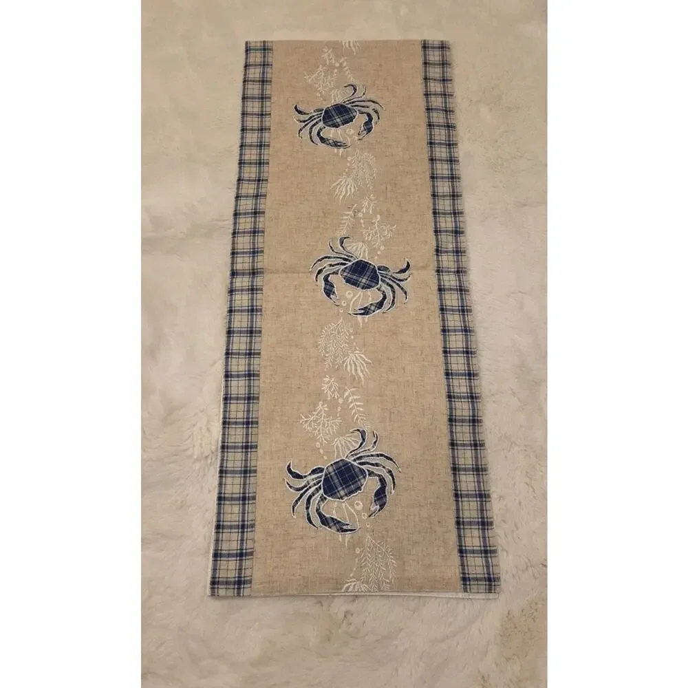 Coastal Crab Table Runner 14x72 Blue Plaid Embroidered Linen Look EB3580A Rare